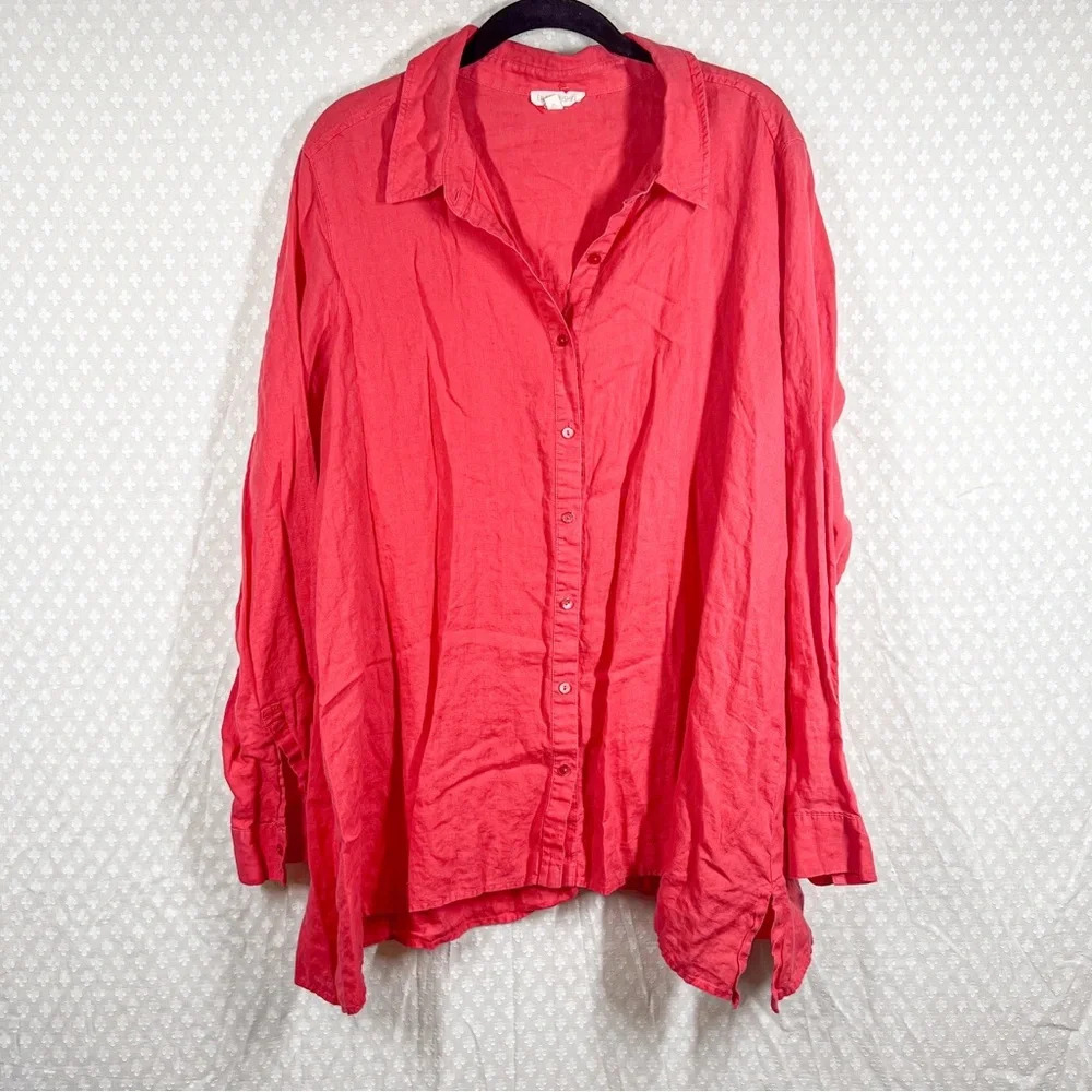 Eileen Fisher Pink Irish Linen Button Down Long Sleeve Top Lagenlook Breezy